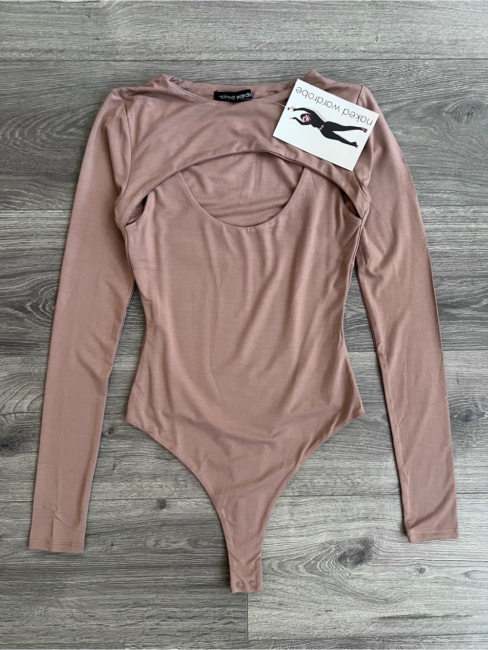 NAKED WARDROBE Double Up Bodysuit Small Tan Long Sleeve Cut Out Layered Party